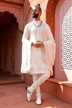 Ivory kurta with embroidered floral jaal patterns. Comes with churidar and embroidered dupatta. - Aza Fashions White Banarasi Silk Kurta For Eid, White Dola Silk Salwar Kameez With Traditional Drape, White Dola Silk Unstitched Suit With Zari Work, White Semi-stitched Banarasi Silk Kurta, White Dola Silk Unstitched Suit With Traditional Drape, Designer White Jamawar Kurta, White Jamawar Traditional Wear For Eid, Unstitched White Art Silk Churidar, White Semi-stitched Sherwani For Festivals