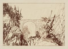 a drawing of a bridge over a river in the woods with trees and bushes around it