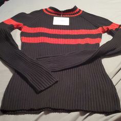 New Seek The Label Sweater Size M. Black And Red Fitted Black Crew Neck Sweater, Red Tops With Ribbed Collar For Fall, Black Ribbed Cotton Sweater, Black Fitted Cotton Sweater, Fitted Black Cotton Sweater, Black Stretch Top With Ribbed Collar, Sporty Fitted Crew Neck Sweater, Trendy Fitted Black Sweater, Striped Fitted Top With Ribbed Cuffs