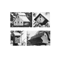 four pictures of different types of birdhouses in black and white, including one with a house on it's roof