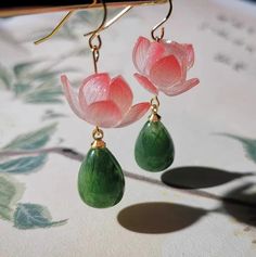 Waterlily Flower Tourmaline Stone Drop Earrings Artistic Green Flower-shaped Jewelry, Elegant Flower Shaped Jade Jewelry, Elegant Green Earrings With Artistic Design, Artistic Pink Flower Jewelry, Elegant Pink Jade Jewelry, Traditional Green Flower Earrings, Traditional Pink Flower Earrings, Lotus Paintings, Waterlily Flower