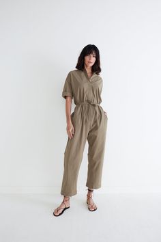 A utility-inspired, instant outfit, this one-piece features an open collar neckline with waist belt to emphasize your figure. The wide-leg design is a Ruti staple and is bound to turn heads. Open Collar Waist Belt Wide-Leg Button Down Short Sleeves Final Sale Zipper Blouse, Belt Wide, Dark Taupe, Classic Blazer, Causual Outfits, Silk Wrap, Leg Design, Fashion Help, Long Cardigan