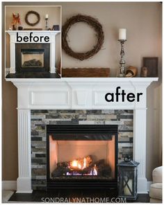 a fireplace that has been painted white with the words before and after on top of it