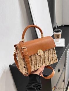 BirdinBag - Summer Straw Woven Vacation Beach Shoulder Bag - Chic Fashion Splice Design Spring Vacation Square Satchel, Summer Brown Box Bag With Top Handle, Summer Brown Top Handle Box Bag, Beige Top Handle Box Bag For Vacation, Spring Rectangular Woven Satchel, Rectangular Satchel With Adjustable Strap For Day Out, Rectangular Large Capacity Satchel For Day Out, Chic Satchel Box Bag For Vacation, Rectangular Day Out Bag With Adjustable Strap