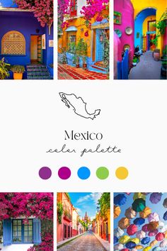 a collage of photos with the words mexico written in different languages and pictures of colorful buildings