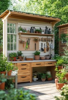 a garden shed with potted plants and gardening tools