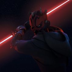 an animated character holding a red light saber in the dark space with stars behind him