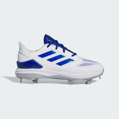 the adidas shoes are white and blue