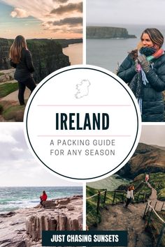 the ireland travel guide for any season with pictures of people walking, sitting and standing on rocks