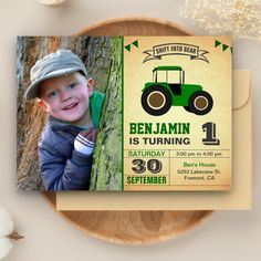 Green Farm Tractor Kids Photo Birthday Party Invitation Tractor Birthday Invitations, Tractor Birthday Party, Tractor Birthday, Yard Tools, Green Farm, Photo Birthday, Glitter Birthday, 12 November, Gifts For Farmers