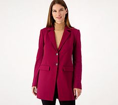 Keep things polished and super-stylish in a knit blazer that takes your office-to-weekend look from basic to bold! Pair it with skinny-leg pants, a turtleneck bodysuit, and a pair of pointed pumps to drive home the boss-lady look. From Dennis Basso. Trendy Winter Business Casual Blazer, Chic Fitted Workwear Outerwear, Stretch Blazer For Business Casual, Chic Fitted Outerwear For Work, Trendy Winter Blazer For Workwear, Sleek Fitted Outerwear For Business Casual, Sleek Winter Office Blazer, Elegant Stretch Business Outerwear, Sleek Fitted Winter Blazer