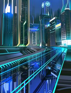 a futuristic city at night with neon lights