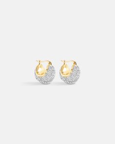 This is the picture of the disco ball hoop earrings made from crystals plated in gold in sterling silver material Earring Sale, Disco Ball, Ear Jewelry, Spreads, Shop Earrings, Jewelry Pieces, Metallic Silver, Gold Earrings, Silver Earrings