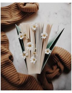 an open book sitting on top of a table next to some gloves and flowers in it