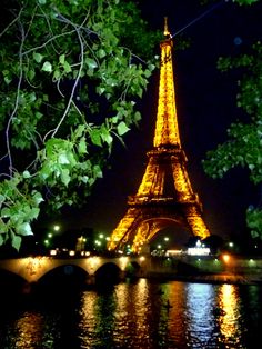 the eiffel tower is lit up at night with lights reflecting in the water