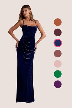 a woman in a long blue dress standing next to color swatches and the same image