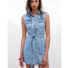 Trendy Denim Dress Never Worn Size Xs Zara Sleeveless Denim Dress, Zara Sleeveless Denim Blue Dress, Zara Sleeveless Medium Wash Denim Dress, Zara Sleeveless Denim Dress In Medium Wash, Zara Fitted Mini Dress In Medium Wash, Medium Wash Mini Dress For Summer, Casual Summer Mini Dress In Medium Wash, Medium Wash Mini Dress For Casual Summer Wear, Zara Cotton Denim Mini Dress