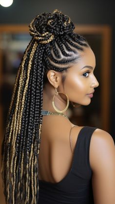 25 Medium Box Braid Hairstyles That Define Style Congolese Braids, Black And Gold Braids, Box Braids With Jewelry Gold, High Braided Ponytail Weave, Gold Attachment Braids, Black Box Braids With Gold Accessories, Braid Jewelry Box Braids, Beyonce In Braids, Kardashian Braids