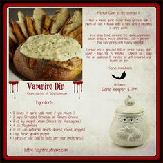 an advertise for the vampire dip with bread and other food items in it