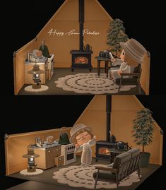 two pictures of a person sitting at a table in front of an oven and fireplace