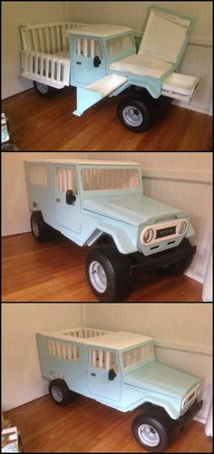 two pictures of the same toy truck and bed