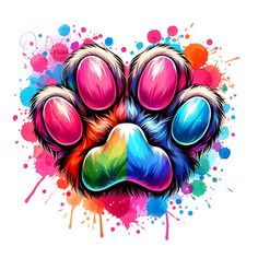 an animal's paw with colorful paint splatters on it, and the colors are