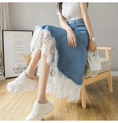 FREE SHIPPING!!! Material: Denim; Origin: Made in China Patchwork Denim Skirt, A Line Denim Skirt, Blue Midi Skirt, Lace Panel Dress, Holiday Skirts, Umbrella Skirt, Skirts Women, Patchwork Denim, Denim Skirt Women