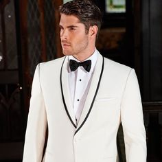 Polyester 1 Button Ivory Shawl With Black Satin Trim White Bow Tie Groom, Designer Tuxedo, White Attire, White Tux, Wedding Tux, Groom Bowtie, White Bow Tie, Dinner Jacket, Tuxedo Suit