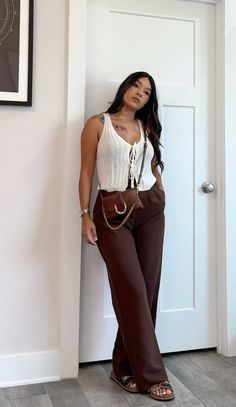 Brown high waist trouser, sheer white front tie top, fendi sandals, brown crossbody bag #fashion #outfits #earlyfallootd #outfitideas 3 Piece Outfit Women Casual, Sheer Tie Front Top Outfit, Brown Suit Pants Outfit, Brown Spring Outfits, Fall Sandals Outfits, Tailored Pants Outfit Casual, Brown Shirt Outfits Women, Work Causal Outfits, Friend Date Outfit