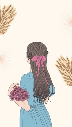 a girl with long hair holding a bunch of flowers