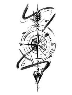 a black and white drawing of a compass with arrows on it's side, as well as an arrow in the middle