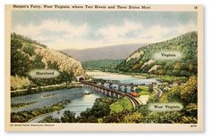 an old postcard shows a train going over a bridge in the mountains and river