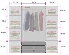 an image of a closet with clothes hanging on the wall and measurements for each section