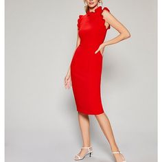 Maggy London Charlene, Tomato Red. 95% Polyester 5% Spandex. Center Back Neck To Hem 42 1.4 Inches. Fully Lined, Ruffle Neckline, No Pockets, Sleeveless, Center Back Invisible Zipper. Size 12. Purchased For Event And Didn't End Up Wearing. Sold New For $118. Https://Www.Dillards.Com/P/Maggy-London-Ruffle-Mock-Neck-Midi-Length-Sheath-Dress/509288264 Elegant Red Elastane Dress, Chic Red Elastane Midi Dress, Red Midi-length Elastane Dress, Red Midi Length Elastane Dress, Red Knee-length Elastane Dress, Elegant Red Elastane Bodycon Dress, Elegant Red Bodycon Dress With Elastane, Red Ruffled Sheath Dress, Red Sheath Dress With Ruffles