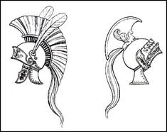 two drawings of helmets with long hair and feathers, one in the shape of a headdress