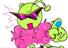 a drawing of a green monster with sunglasses on it's head and pink hair