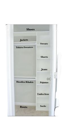 an open closet with white shelves and black lettering on the doors that read shoes, jackets, sneakers, shorts, jeans, jeans