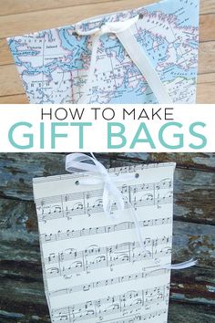 a gift bag made out of sheet music paper with the words, how to make gift bags