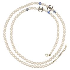 CHANEL faux white pearl necklace featuring four pearls and two pale textured gold toned CC logo embellished with blue stripes. CHANEL 2019 Resort Collection (La Pausa). Adjustable lobster clasp closure. Extension chain. Laser mark A19 C Made in France. Engraved private sale "S" mark on the clasp. Indicative measurements : adjustable wearable length from approx. 108 cm (42.52 inches) to approx. 112 cm (44.09 inches) / CC logos approx. 1.8 cm x 1.4 cm (0.71 inch x 0.55 inch). Comes with the origin Chanel 2019, Chanel Box, Laser Marking, White Pearl Necklace, Chanel Vintage, Chanel Jewelry, Bratz Doll, Resort Collection, Cc Logo