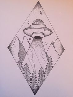 a drawing of an alien ship flying over mountains and trees in the sky with stars