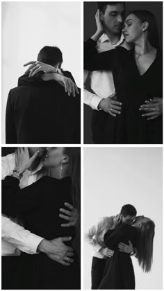 black and white photo collage of two people hugging each other with their arms around one another