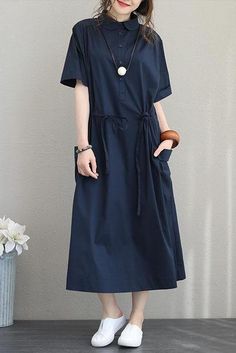 Fabric: Fabric has no stretchSeason: SummerType: DressSleeve Length: Short sleeveColor: Blue .KhakiDressesLength: MaxiStyle: CasualMaterial: Cotton and AcrylicSilhouette: LooseOne Size(Fit S/M/L): Length:118 cm .Bust:133 cm .Shoulder Wide:46 cm .Sleeve Length:23 cm Casual Half Sleeve Solid Color Dress, Casual Half Sleeve Midi Dress For Vacation, Casual Cotton Midi Dress Solid Color, Casual Solid Color Cotton Midi Dress, Casual Cotton Midi Dress In Solid Color, Casual Beach Midi Dress With Half Sleeves, Casual Solid Color Midi Dress With Half Sleeves, Casual Half Sleeve Midi Dress In Color, Casual Half Sleeve Midi Dress