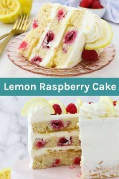 the lemon raspberry cake is cut in half and ready to be eaten