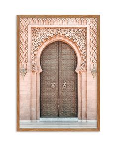 an ornate door with intricate carvings on the front and side panels, in pink tones