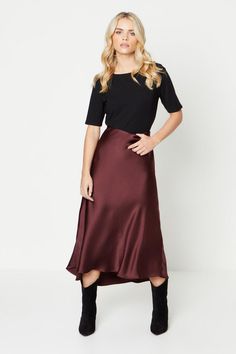 Petite Plain Satin Bias Midi Skirt Brown Slip Skirt Plus, Navy Satin Slip Skirt, Satin Dress With Cardigan Midi, Brown Midi Silk Skirt, Dark Satin Skirt, Petite Satin Midi Skirt, Wine Outfit, Embroidered Flats, Sequined Top