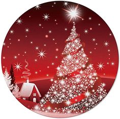 a christmas tree on a red background with snowflakes and stars in the sky