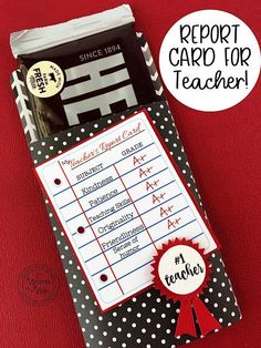 a teacher's report card with a red ribbon on it and a black and white polka dot background