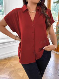 Style:Casual \nSleeve Type:Batwing Sleeve \nHem Shaped:Asymmetrical \nDetails:Button \nNeckline:Collar \nType:Shirt \nType:Top \nColor:Red \nPattern Type:Plain \nSleeve Length:Short Sleeve \nLength:Regular \nFit Type:Regular Fit \nFabric:Non-Stretch \nMaterial:Woven Fabric \nComposition:100% Polyester \nCare Instructions:Machine wash or professional dry clean \nSheer:No \n Batwing Sleeve Shirt, Ruffle Shorts, Clothing Size Chart, Womens Clothing Sizes, Casual Blouse, Plus Size Blouses, Batwing Sleeve, Summer Shirts, E Design