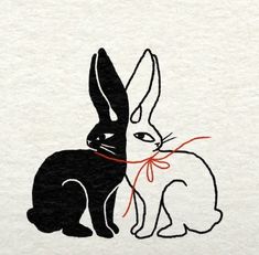 a black and white drawing of a rabbit with a red ribbon on it's neck