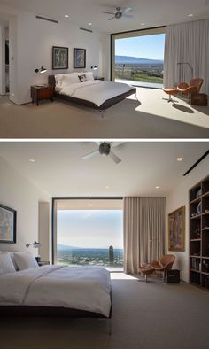 this bedroom has an open floor plan and large windows that look out onto the valley